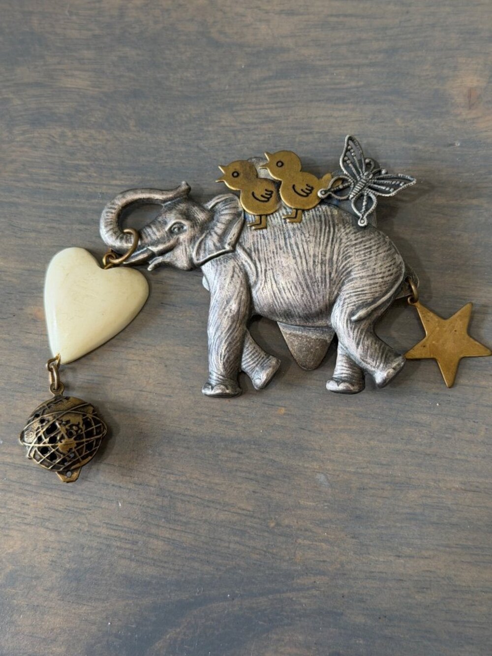 Susan L Richardson Signed Mixed Metal Elephant Birds Butterfly Brooch Pin